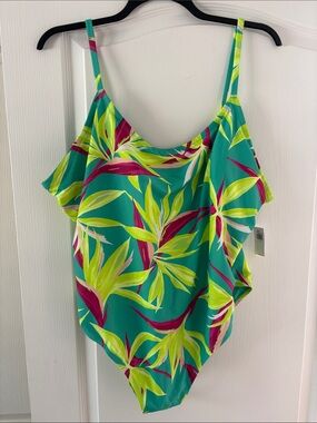 NWT Old Navy Green One-Piece Swimsuit with Lime Green Magenta Leaf Print SZ 4X